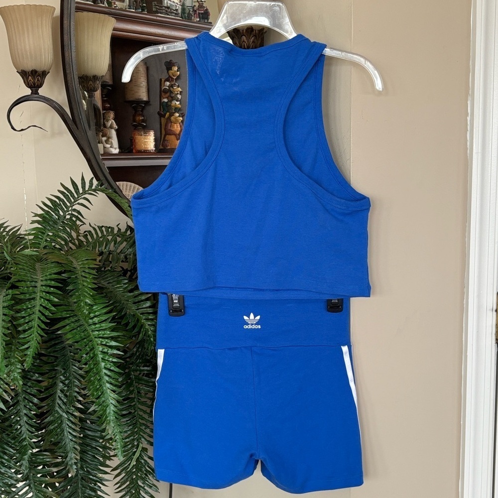 Adidas 2-Piece Blue & White 3-Stripe Racerback Tank Top & Shorts Workout Set - Picture 7 of 14